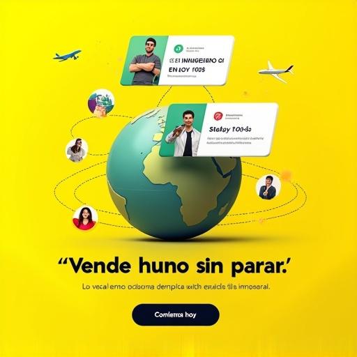 Modern digital business advertisement with vibrant yellow background. A globe in the center with dotted orbit line symbolizing international connections. Floating UI-style cards with a green checkmark showing text 'SE UN INGENIERO EN AI POR SOLO 100$'. Another card with diverse profile photos with text 'Background check complete'. Icons for remote work floating nearby. Bold black text 'Vende humo sin parar!' with a rounded button 'Comienza hoy'. Clean and modern design suitable for tech platforms.