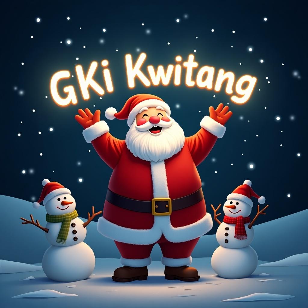 Cheerful Santa Claus in red and white suit. Santa holds a glow stick creating the name 'GKI Kwitang' in bright light. Two snowmen beside Santa. Dark winter night with twinkling stars in the background.