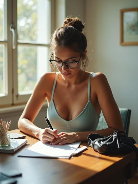 Nurse writing at her desk in a beautiful room filled with sunlight and greenery. Soft tank top complements a relaxed setting. A stylish purse lies on the table. Comfortable and inspiring atmosphere for creativity.