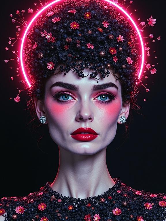 Surrealist portrait inspired by Givenchy. A figure adorned with a neon halo and floral decorations. Blending contemporary techniques with traditional needlework. Reminiscent of Eiko Ishioka's artistry.