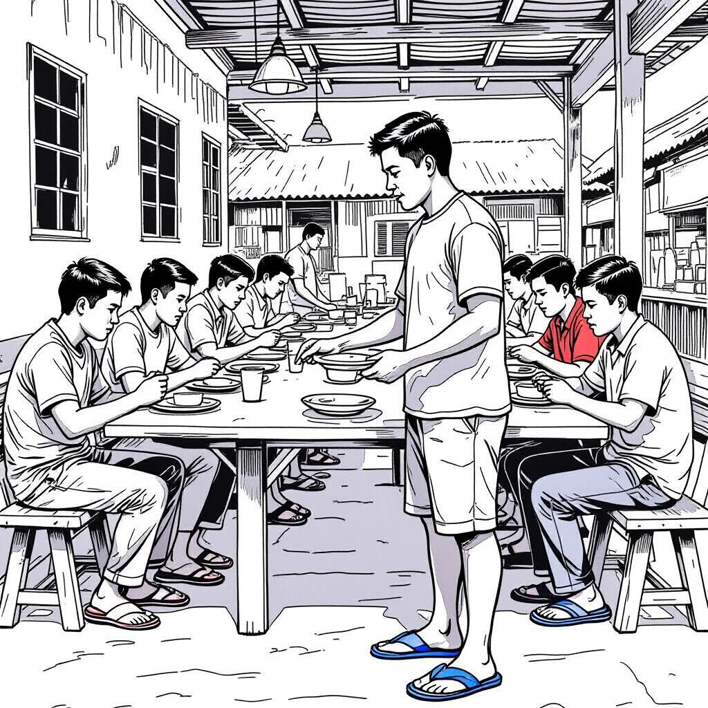 Wide shot showing a casual dining scene. Young man serving food at tables. Other Filipino men and adolescents enjoy meals. The setting appears lively and communal. The style is a line drawing emphasizing simplicity and connection.