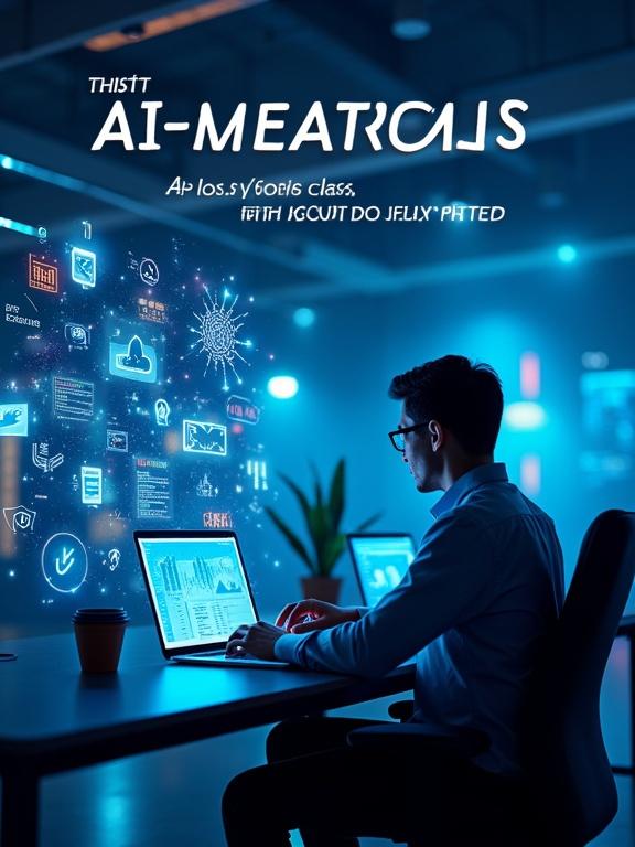 A modern workspace illuminated in blue with a professional marketer working at a desk. The glowing laptop screen shows AI analytics dashboards and insights. Surrounding elements display abstract AI features and marketing icons. The image includes bold text for AI tools and marketing strategies.