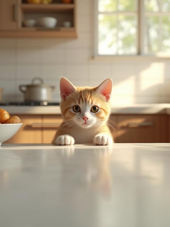 Point of view shot from a cat's perspective. Cat's front paws on a kitchen countertop. Focus on the cat's face with curiosity. Background shows kitchen appliances and dishes. Soft, warm lighting creates a cozy atmosphere.