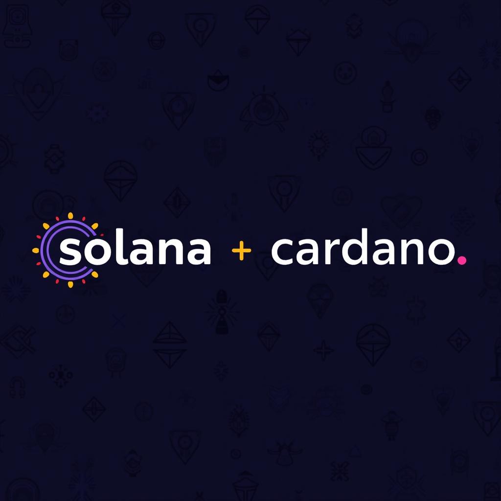 Visual representation of Solana and Cardano logos combined. Digital and modern aesthetic. Dark background with subtle patterns. Focus on cryptocurrency themes.