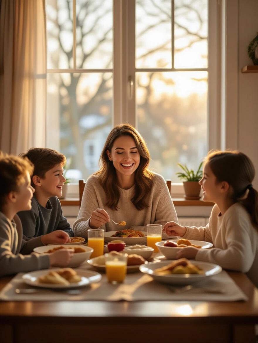 The mother sits at the dining table with her children. They eat together and enjoy their meal. Warm golden light floods the room. The atmosphere is filled with laughter and joy. The home environment looks cozy and inviting. It emphasizes family togetherness and happiness.