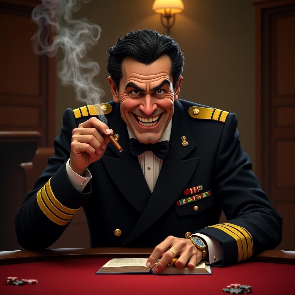 Image of a devious fire captain at a poker table. Captain appears to be in his 60s with black hair and an evil smile. He smokes a cigar lit with a book.