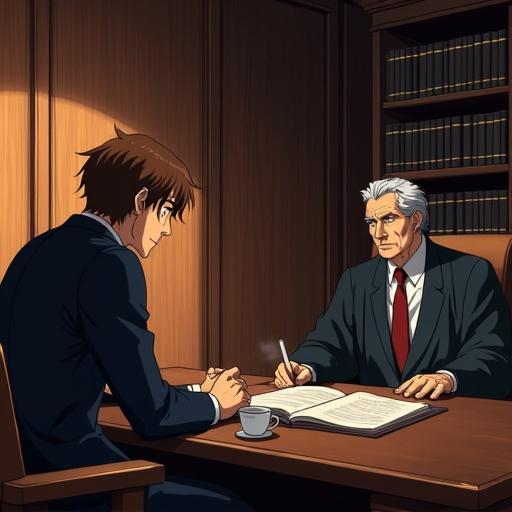 A man with messy brown hair and a serious expression wears a dark suit and tie. He sits across from an older judge in a grand office. Bookshelves and legal documents fill the room. The atmosphere feels tense. Warm sunset light casts shadows. Both characters are mid-conversation. A folder and two coffee cups sit on the table. The scene has a classic anime aesthetic from the 2000s.