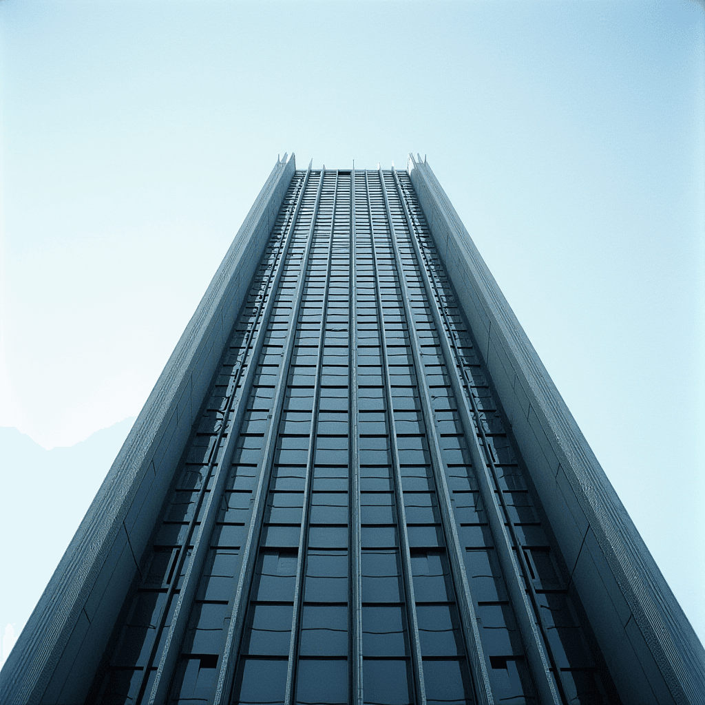 An upward perspective of a modern skyscraper against a clear blue sky.