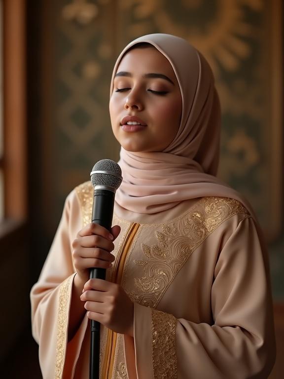 A young Arab Muslim girl in traditional attire. Outfit features rich fabrics with golden embroidery. Light hijab is wrapped around her head. She holds a microphone with both hands. Standing in a softly lit studio. Peaceful expression shows focus. Eyes are gently closed. Background has warm tones with Islamic patterns. Ultra-realistic photo in vertical 9:16 aspect ratio.