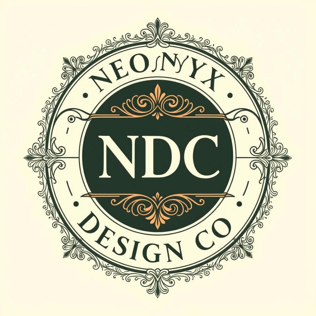 Logo design features initials NDC in center. Uppercase ND and lowercase c. Elegant Art Nouveau font with minimal decorative flourishes. Circular shape formed by text NEONYX and DESIGN CO. Text arches along top and bottom curves. Contrast between ornate initials and clean uppercase font. Design fills image canvas with 3% margin. Soft sand background with charcoal gray text.