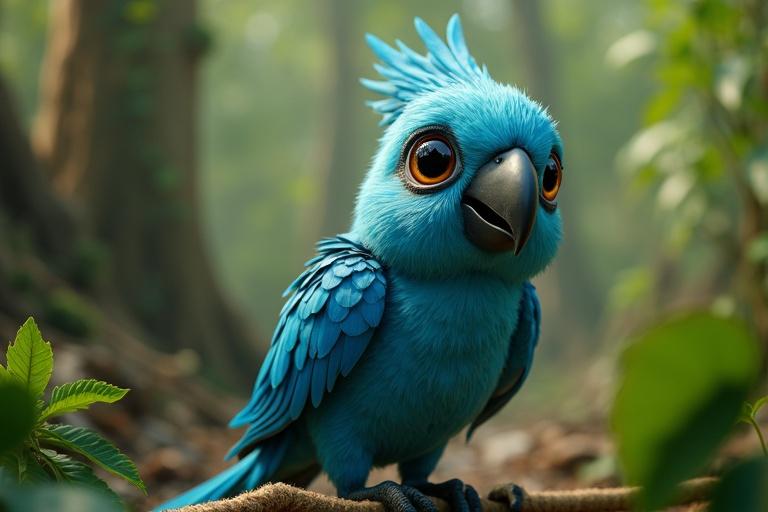 A cartoon blue parrot caught in a poacher’s net in the Sundarbans. Her bright sky-blue feathers are textured and caught in ropes. She stands upright, slightly sideways. Big expressive eyes show fear and defiance. Large black beak open. Poachers in dark clothing loom nearby. Bright daylight highlights glossy mangrove leaves. 16:9 aspect ratio, dramatic and vivid.