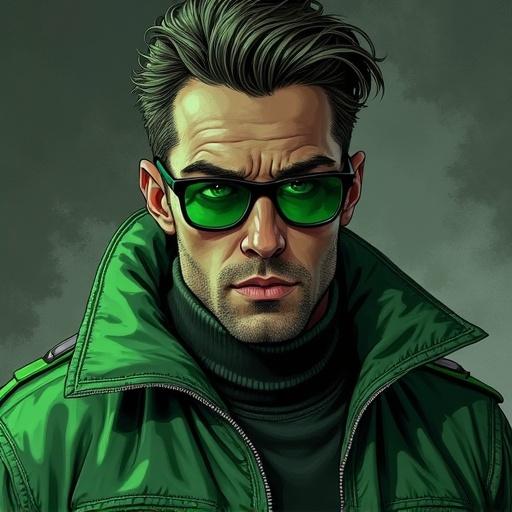 A man wearing a green jacket and sunglasses has a serious expression. His green eyes are striking. The artwork imitates comic book style in dark grey and green hues.