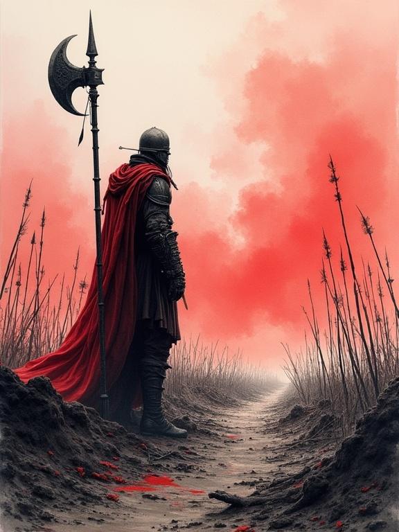 Solitary war god stands in a battlefield. Giant battle-axe rests on ground. Tattered war banners and broken spears litter the earth. An empty horizon stretches infinitely. The figure appears lonely in a desolate landscape. Dynamic ink washes in crimson and black are visible. Brushwork is expressive with traditional dip pen detailing.