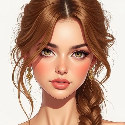 Semi-realistic illustration of a woman with brown hair and light eyes. The woman has a fashionable appearance.