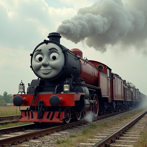 Cartoonish steam engine with a smiling face on train tracks. Large cannons attached to the train in a bright outdoor setting. The train looks friendly and appealing for children.