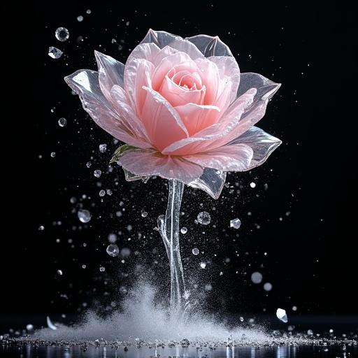 Photorealistic frame of a crystal rose exploding. Glass petals shatter and fly outward. Bright light reflects from shards against a deep black background. Central stem holds while petals are airborne. A cloud of microdust surrounds the burst. Color palette includes transparent and soft pink. Hyperrealistic quality with emphasis on light effects and details. Scene conveys motion and beauty in destruction.