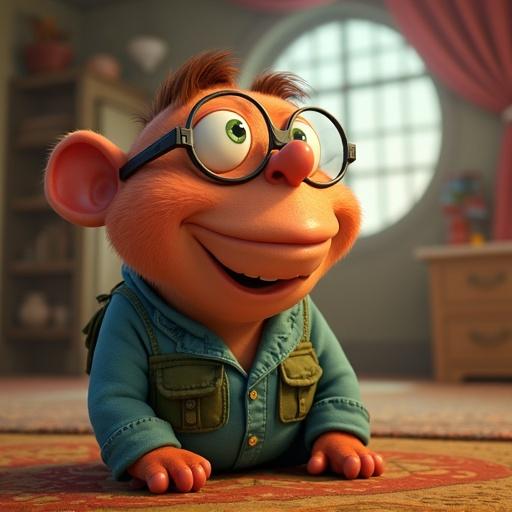 A character in Pixar style. The character wears a blue shirt with a green vest. The setting features soft warm lighting. The background includes a cozy interior with soft details.