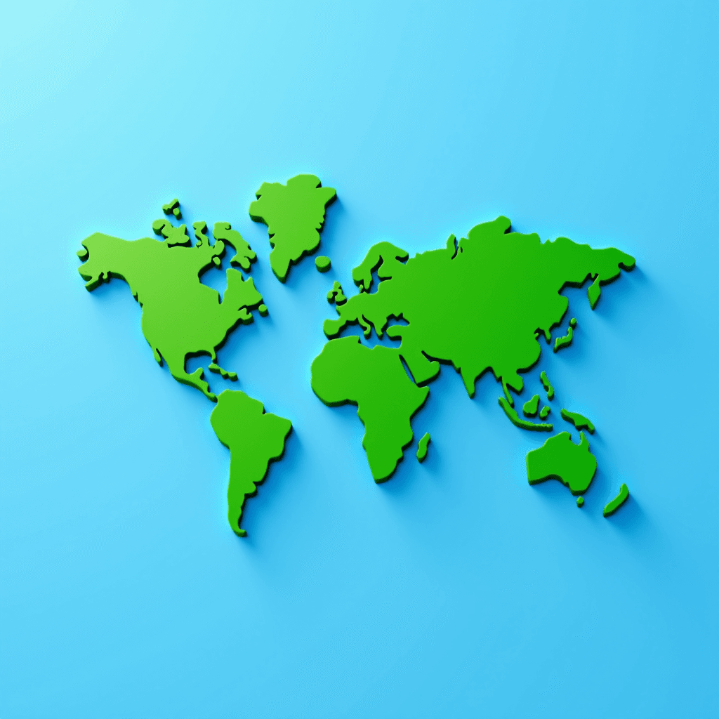 A green 3D world map on a light blue background.