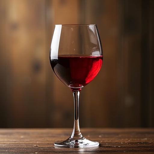 A wine glass filled to the brim with red wine against a blurred wooden background.