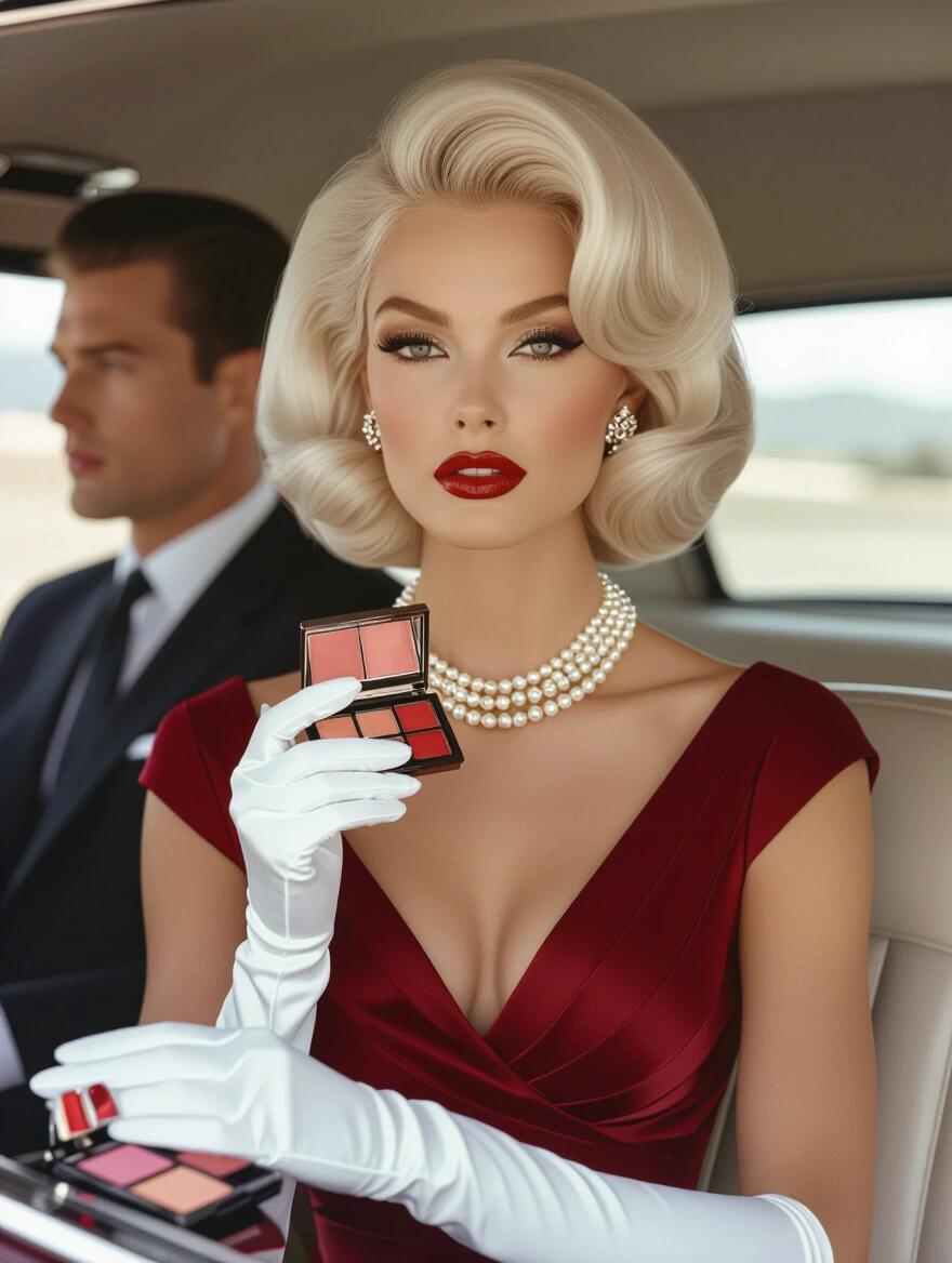Portrait of a woman from the 1960s. She has voluminous platinum blonde hair. Wearing a maroon sundress with a delicate pearl necklace and diamond earrings. Holding a makeup compact and lipstick. Sitting in the back of a limousine next to a man. She has flawless makeup featuring winged eyeliner and ruby red lips. Accessorized with white gloves and high heels. Styled like Slim Aarons photographs.