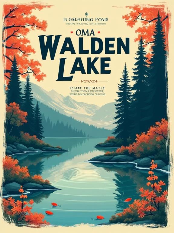 Design a surreal modern graphic poster featuring a serene Walden Lake. Use bold colors and playful elements. Include a title, a subtitle, and author information in empty spaces. Add text decorations and borders around words.