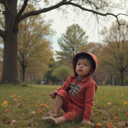Child sitting on grass in outdoor setting surrounded by flowers and trees wearing a cozy outfit