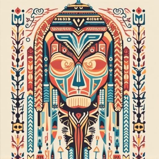 Vector illustration of boho wall art featuring intricate lines and patterns. Stylized tribal mask as a focal point with vibrant colors and bold designs.
