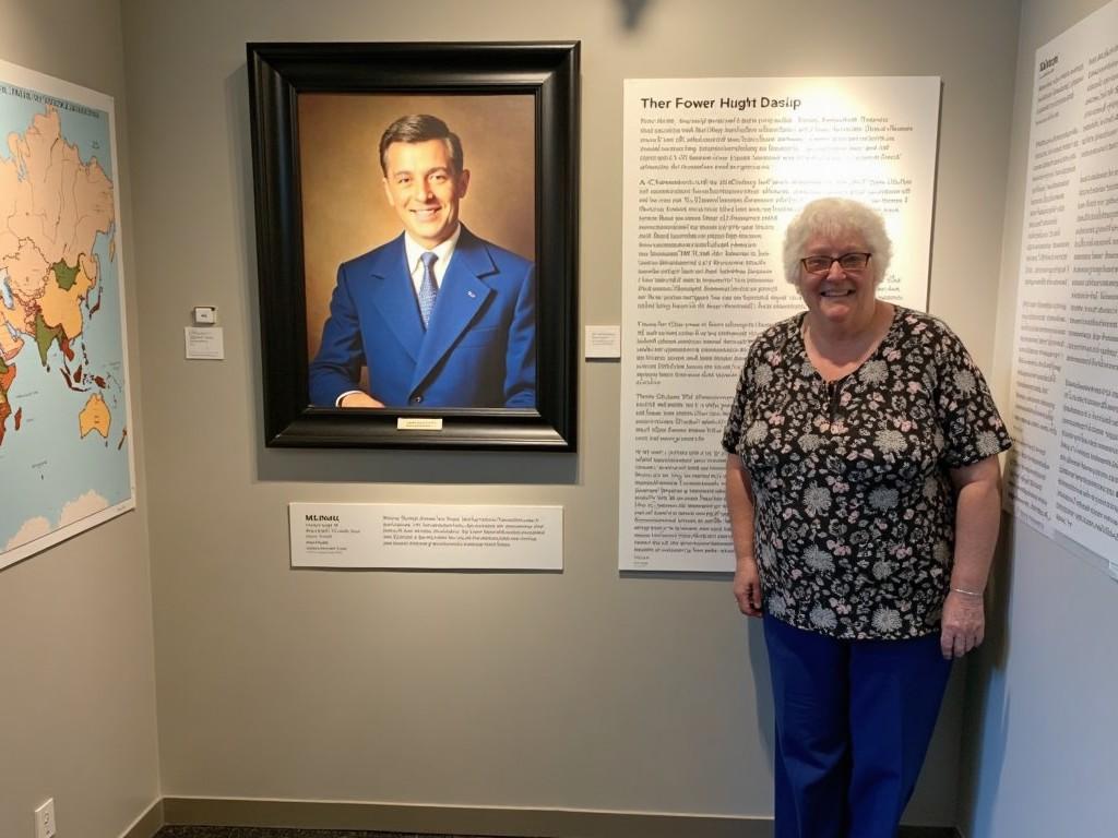 A museum exhibit featuring a woman standing next to a large portrait of a man in a blue suit.