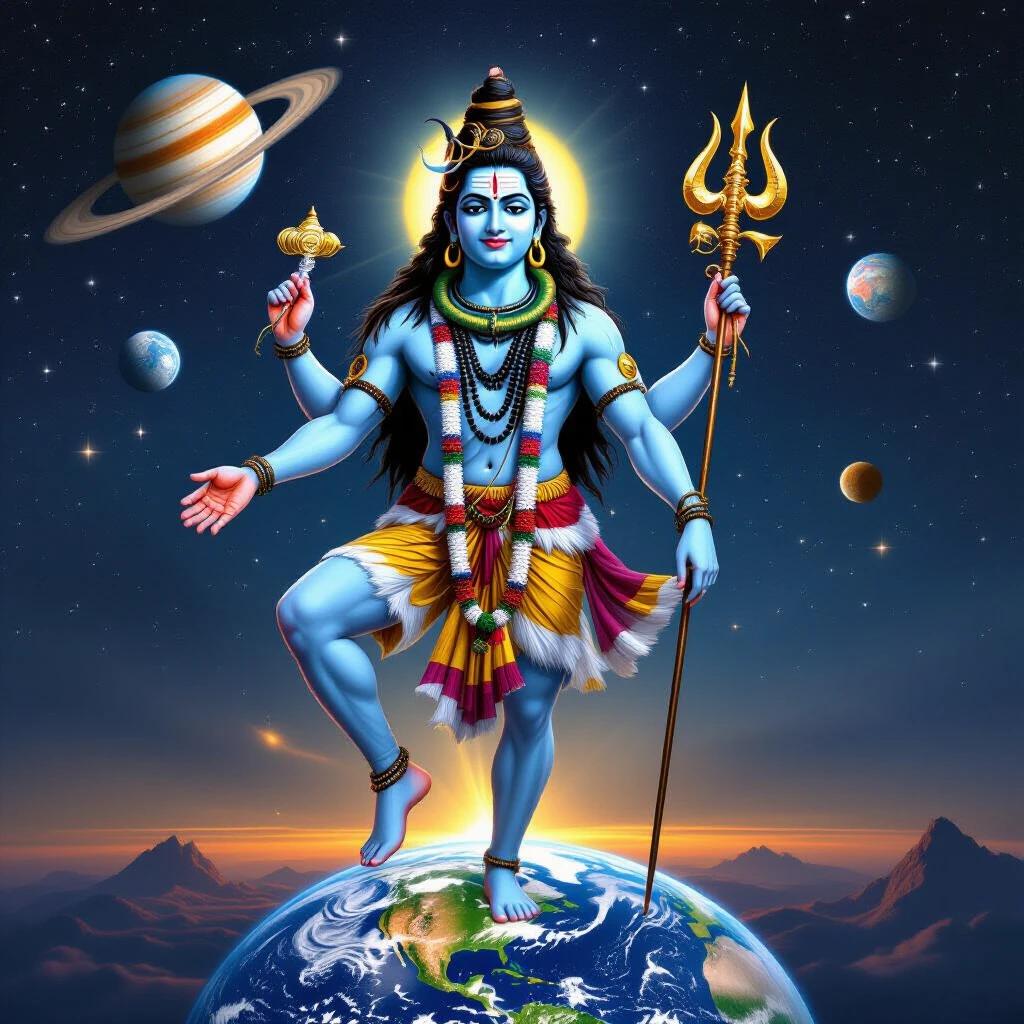 Lord Shiva stands on one leg on Earth. Poses in Nataraja dance step. Holds Trishul beside. Damarukam rests on the Trishul. Neck adorned with snake and jewelry. Smiling face. Cosmic background with rotating planets. Night sky filled with stars. Wears cheetah skin around him.