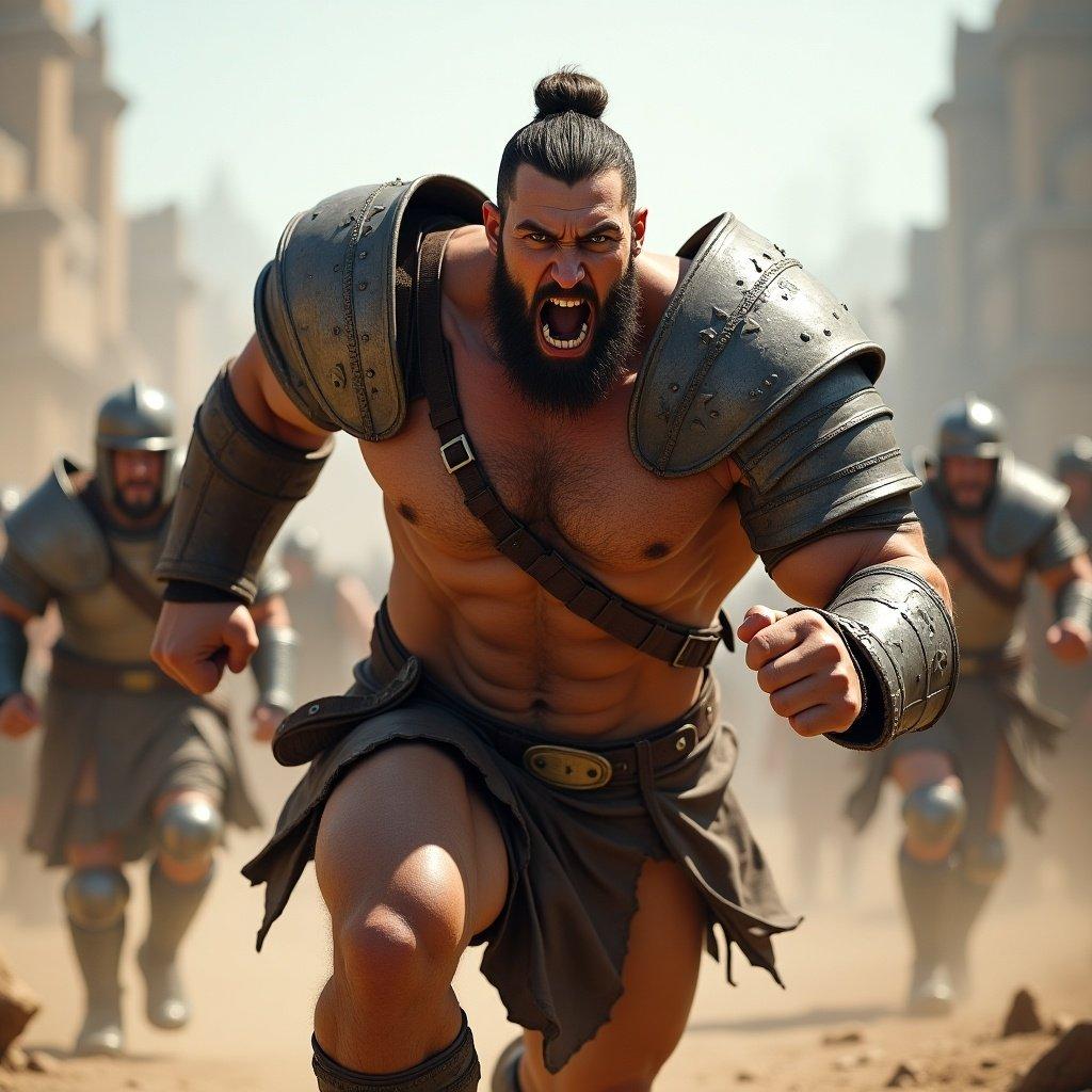 A strong warrior is aggressively running sideways. He is muscular and wearing armor. Soldiers follow behind in the background.