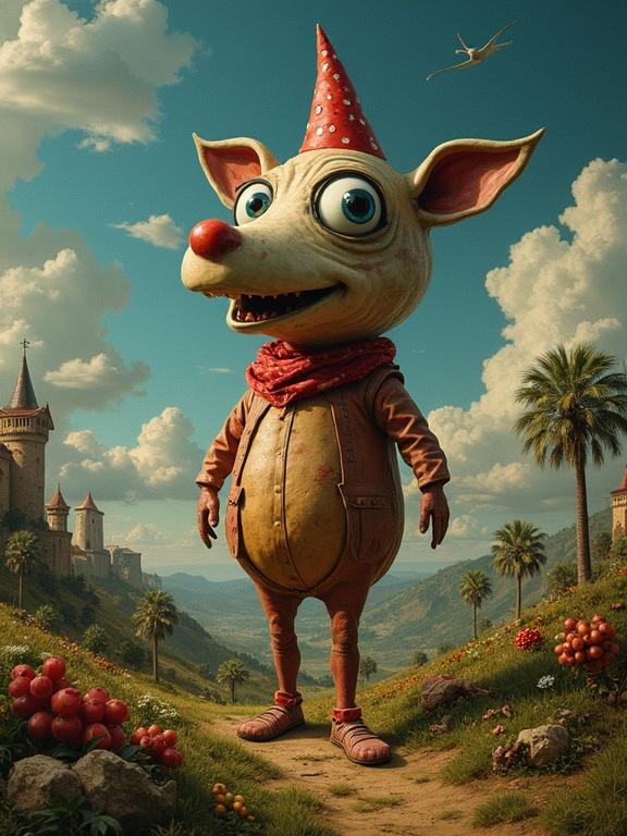 Surrealism blends with Commedia dell'Arte themes. A whimsical anthropomorphic character features with a party hat in a colorful landscape. Background includes distant castles and palm trees.