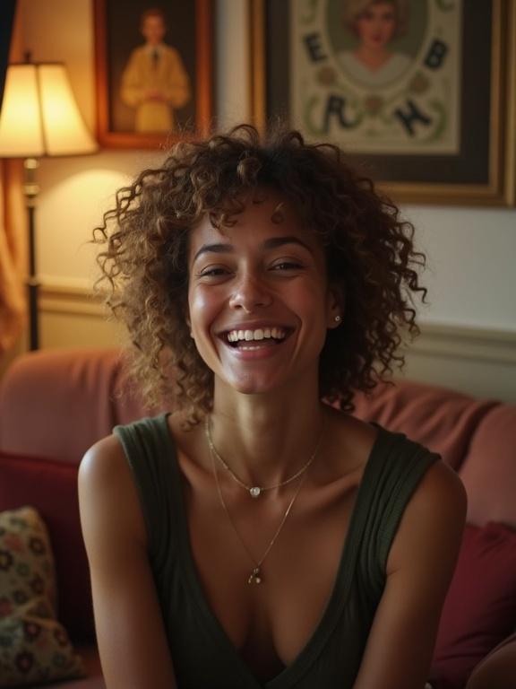 A smiling person with curly, wavy hair sits in a cozy room. Vintage decor is visible, and the lighting is warm. The atmosphere feels inviting and joyful.