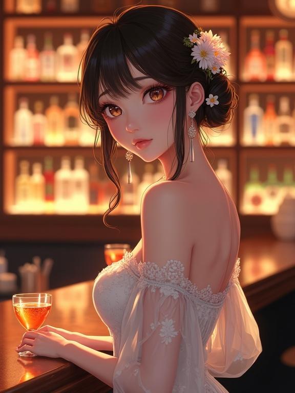 A beautiful east asian woman stands at a stylish bar. She wears a white off-shoulder dress adorned with floral patterns and sheer sleeves. Her hair is styled in an updo with flowers. She holds a glass filled with an orange drink. The bar has softly lit shelves with bottles of alcohol in the background. The lighting is soft and romantic. The atmosphere is cozy yet sophisticated. The image is a digital painting with high quality details and a graceful pose.