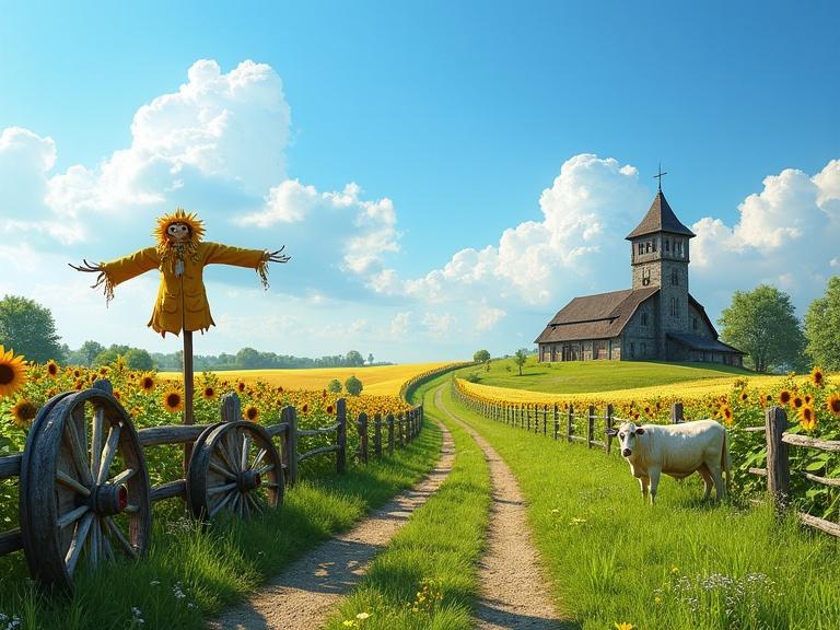 Bright blue sky with scattered clouds. Foreground includes scarecrow decorated with sunflowers. Cow stands near church tower while sheep graze. Lush green countryside with whimsical landscape. A dirt path leads deeper into sunflowers and wheat fields. Rustic wooden split-rail fence with weathered wagon wheels. Framed by lush grass and wildflowers.