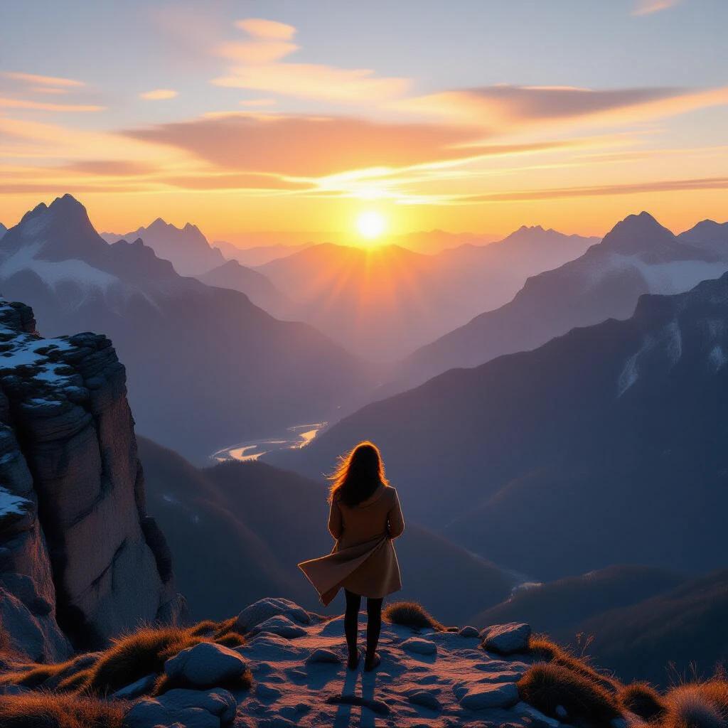 A figure stands on a cliff edge at sunrise. Mountains and valleys are visible in the background. The sky is filled with warm colors of orange and pink. The coat flutters gently in the wind. Light creates a dramatic effect. The scene symbolizes hope and strength.