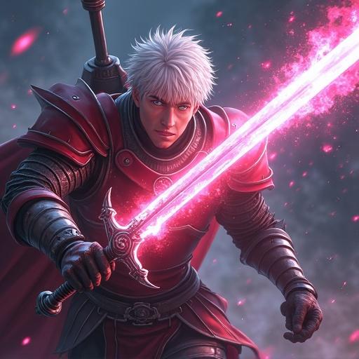 Anime illustration featuring a male fantasy knight fighting a demon. Knight has a serious face and wields a sword with bright magic effects. Scene shows a clash between magic and sword.