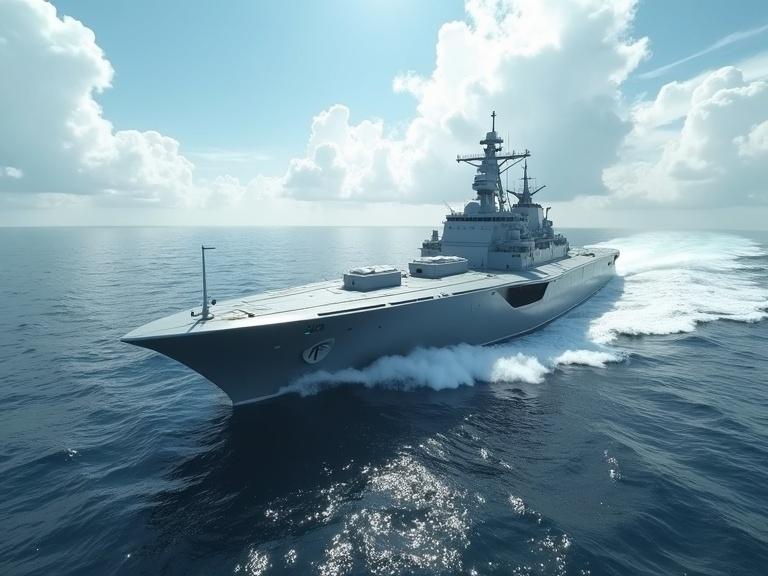 Cinematic image of a huge sleek light grey military hover jet ship gliding on the ocean. Ship has small bridge windows, radar, antennas, small torrent guns, and exhaust ports. Features white clouds, wind thrust creating mist, and missile torrents.