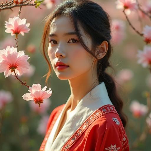 A woman dressed in traditional clothing stands amid blooming flowers. Soft lighting illuminates her. She has a serene expression. The scene evokes a sense of tranquility.