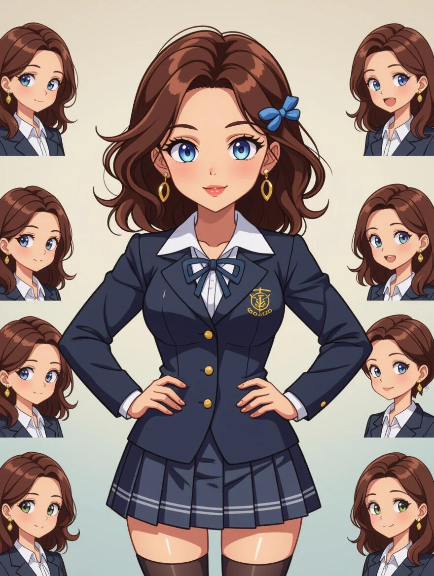 Full body image of a cartoon female character in a school setting. Features liquid-blue eyes and dark brown hair in messy shoulder-length. The character wears a tight school uniform with a padded skirt and high-knee socks. Soft lighting and smooth colors enhance the illustration.