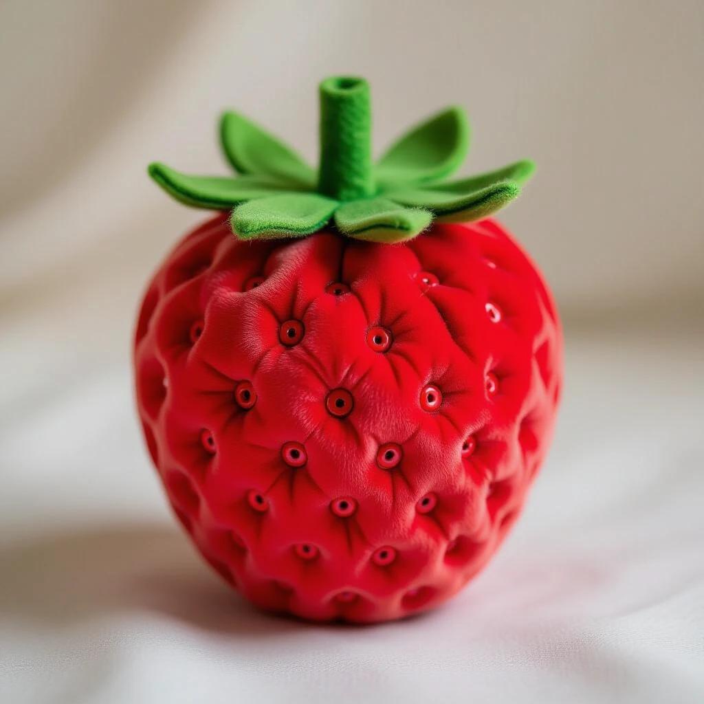 Whimsical strawberry shaped toy made from plush velvet. Bright red body with button-like seeds. Green leafy felt topping. Soft, tactile texture unlike real fruit.
