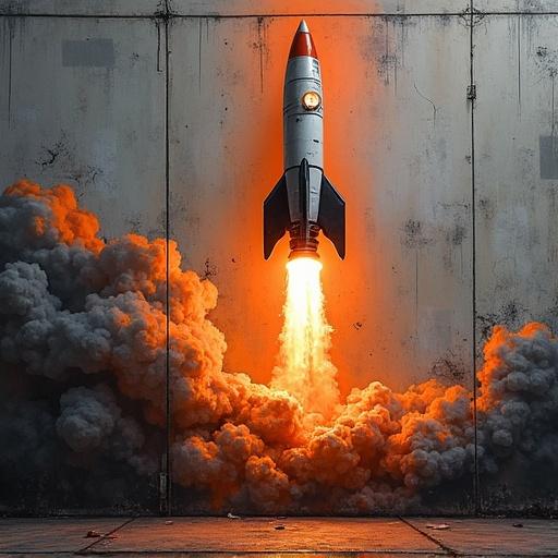Rocket painted on a city wall blasting upward. Digital art in street graffiti style. Depicted in ultra high resolution. Features wall cracks and spray textures. Predominantly neon orange and dark grays. Exhibits moody urban lighting.