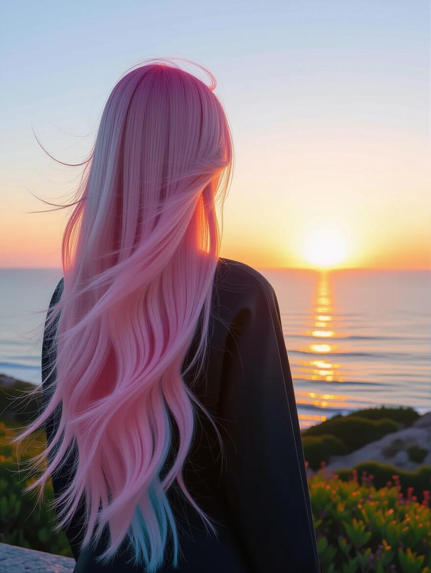 photo of a person with long pink hair watching the sunrise over the ocean. Hair has blue ends and it is windy.