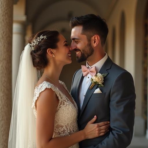 A couple is engaged in a loving embrace on their wedding day. The setting is a beautiful corridor. The bride wears a lace wedding dress and the groom is in a gray suit with a bow tie. They seem joyful and connected. Natural light enhances the romantic ambiance.