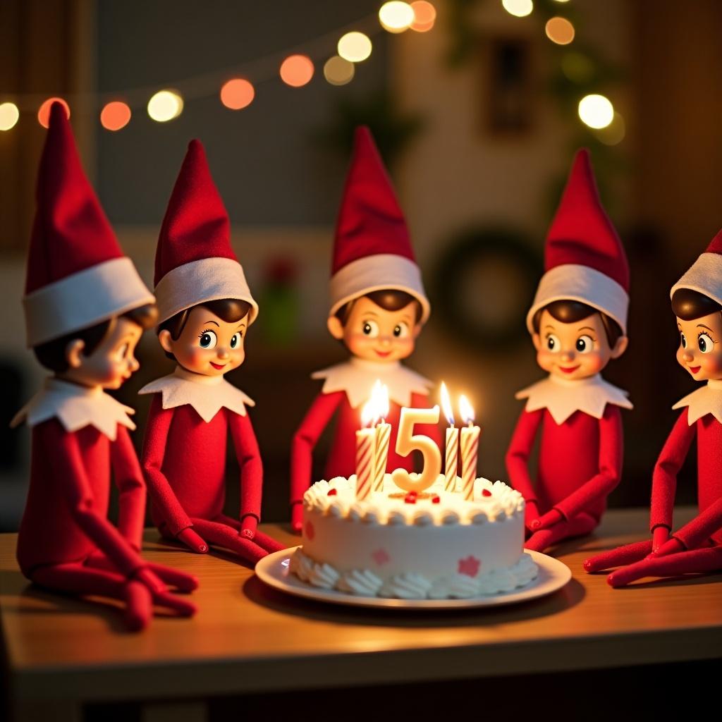 Elf on the shelf at a table with a birthday cake. Candles lit. Other elves present. Celebrating a 5th birthday.