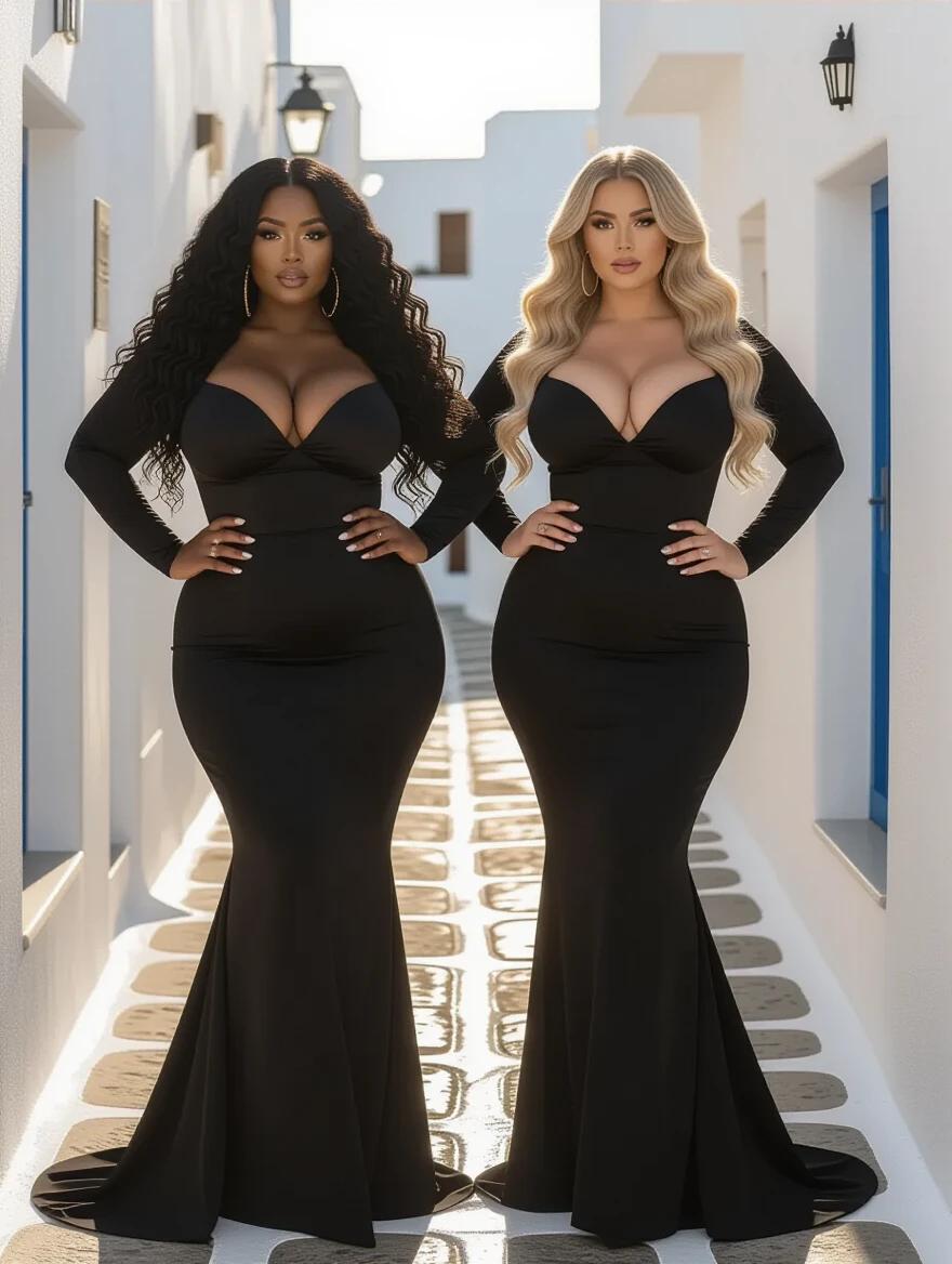 Two curvy women stand in a sunlit alley in Mykonos. One has deep ebony skin with long black curly hair. The other has ultra-fair skin with blonde wavy hair. Both wear tight black bandage dresses that showcase their curves. They have high heels and are in a heated argument.