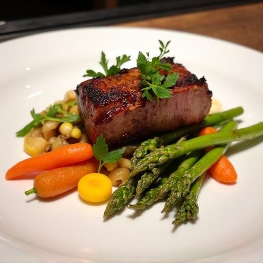 Magre duck served with caramelized baby carrots and baby corn alongside asparagus. Dish includes porcini mushroom sauce and cucumber puree.