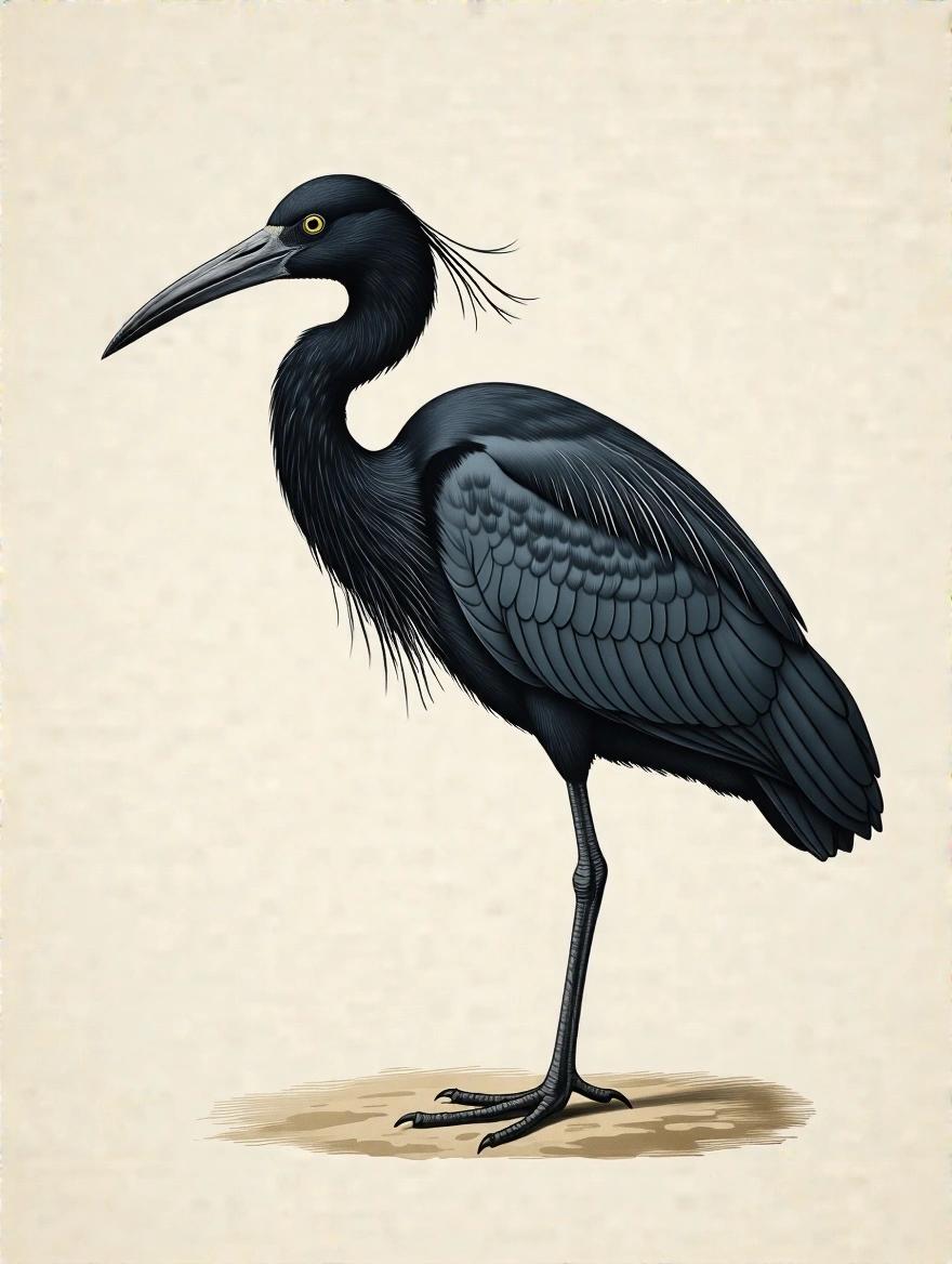 Depiction of a medieval-style ibis bird. Side profile view. Solid black coloration. Distinctive features of a heron body. No heron head, no ibis body.
