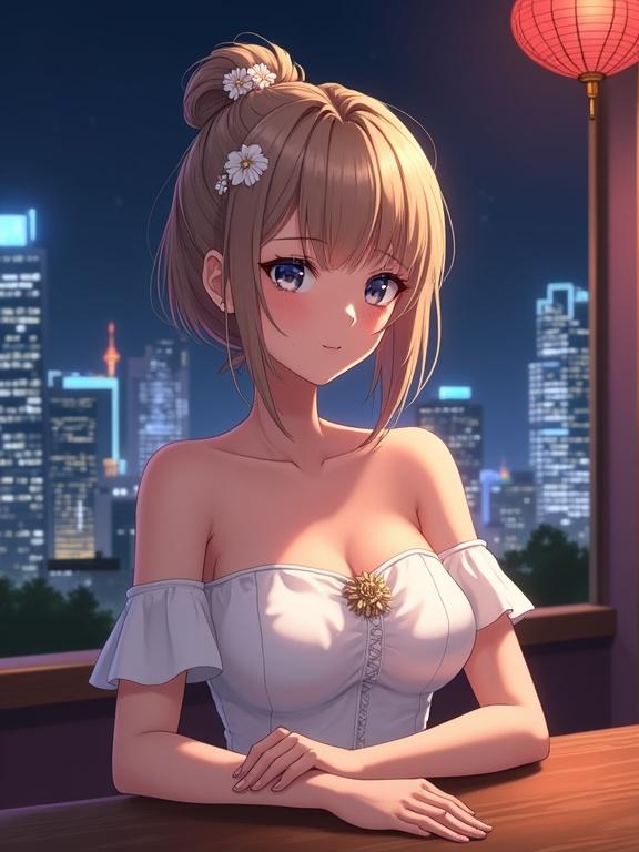 Matured lady in a semi-anime style at a bar counter. Night view of high-rise buildings in the background. Wearing an off-shoulder white dress with decoration on the chest. Updo hairstyle with a white flower hair ornament. Gentle expression.