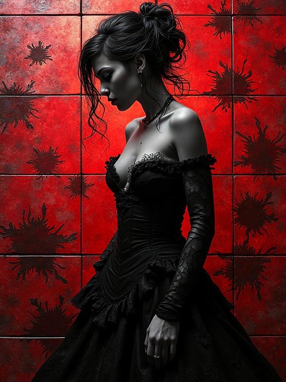 A gothic young woman with an erotic silhouette stands against a vividly textured red background. The scene captures film noir aesthetics with strong contrasts between light and shadow. The woman's figure is dramatic and elegant, wearing a rich dark dress accentuating her curves. The background has chaotic textures, enhancing the overall atmosphere of mystery. The image is both beautiful and intriguing.