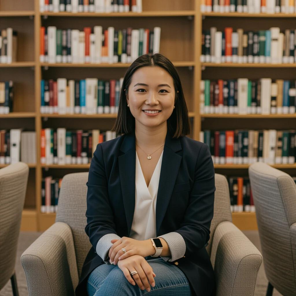 A woman sits comfortably in a library. Books are organized behind her. She wears a navy blazer and sits in a modern chair. The environment reflects a scholarly atmosphere.